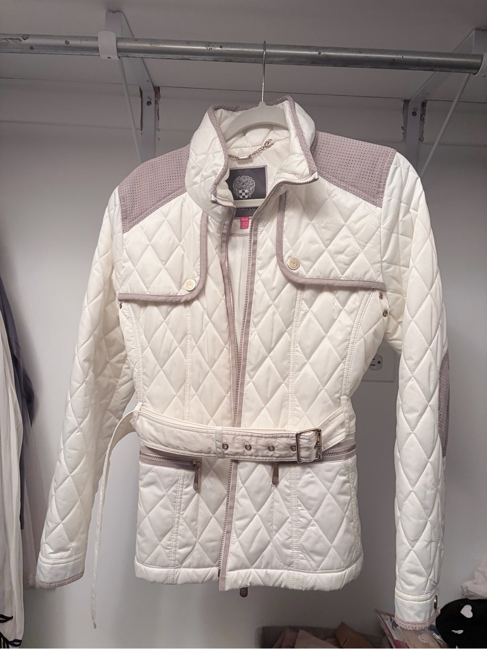 Vince Camuto Cream Quilted Belted Jacket with Taupe Trim